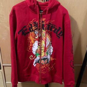 Ed Hardy Red Zip Up Sweater with Tiger Graphic
